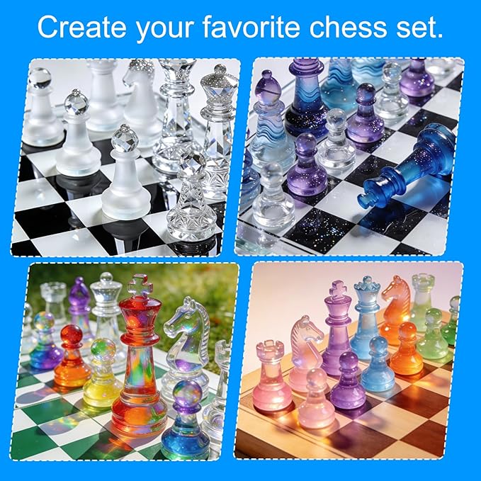 Resin Chess Set Mold, 16-Piece Full Size 3D Silicone Chess Molds Kit with Piece Holder for Epoxy Resin Checkers Casting DIY Home Decoration Board Game & Family Party Craft