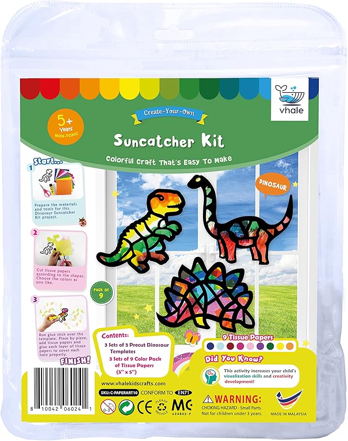 VHALE Suncatchers Craft 3 Sets (9 Cutouts) w Tissue Papers Stained Glass Effect Paper Sun Catcher Kit, Window Art, Classroom Crafts, Creative Art Projects, Kids Party Favors (Dinosaur)
