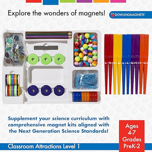 Dowling Magnets Classroom Attractions Comprehensive Magnet Lab: Level 1, Grades PreK-2 (Ages 4-7). Classroom Magnets/Science Kit/STEM Kit/Kids Magnets for Classroom/Science Experiments. Item 731301.