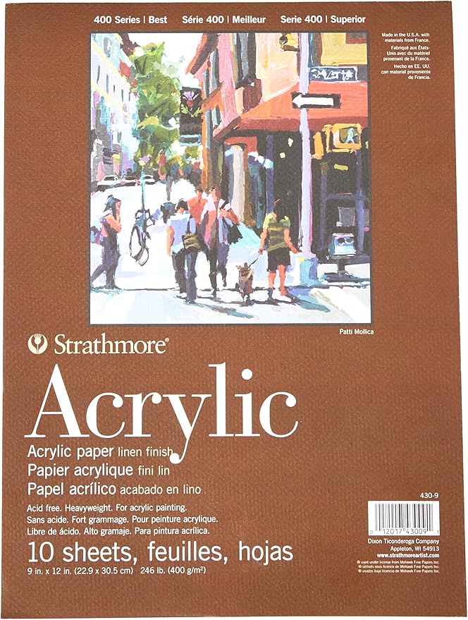Strathmore 400 Series Glue Bound Acrylic Paper Pad, 246 lb. Linen, 9 X 12 inches, White, 10 Sheets (430-9)