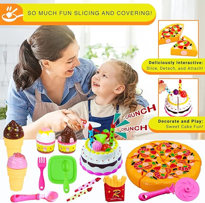 FUNERICA Play Food Goodies Set with Storage Box - Features Cutting Pizza, Ice Cream, Toy Birthday Cake, Fries, Dessert – Pretend Kitchen Toys for Toddlers, Boys, Girls