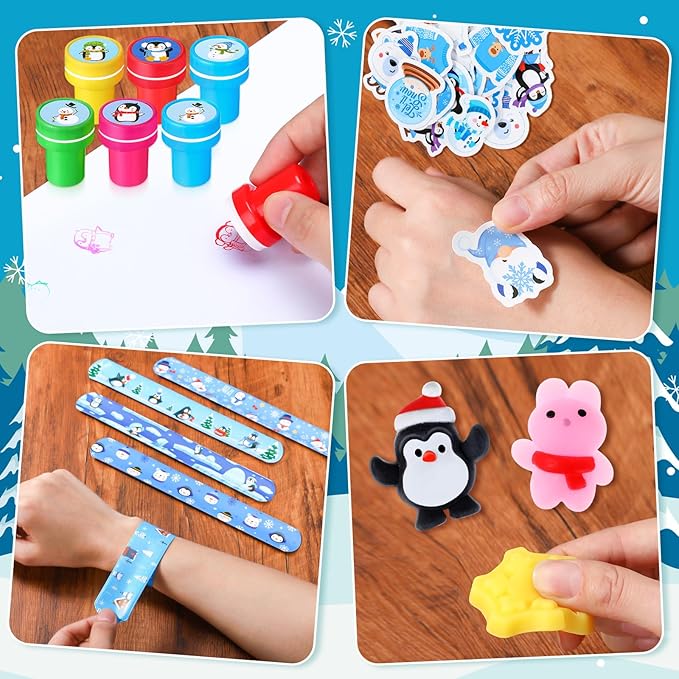 110 Pcs Winter Party Favors for Kids Polar Animals Coloring Books Crayons Slap Bracelets Mochi Stress Toys Stampers Stickers for Holiday Goodie Bags Stuffers Classroom Rewards Supplies