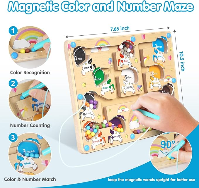Magnetic Color and Number Maze, Montessori Toys for 3+ Year Old, Wooden Puzzles Activity Board, Learning Educational Fine Motor Skills Travel Toys, for Kids Boy Girl