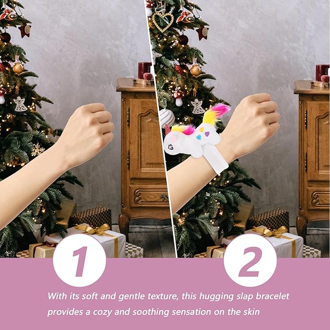 LUOZZY 4Pcs Animal Slap Bracelet Stuffed Unicorn Slap Bracelets Plush Animal Huggers Kids Slap Band Toys Party Favors - Blue+Pink+White+Purple