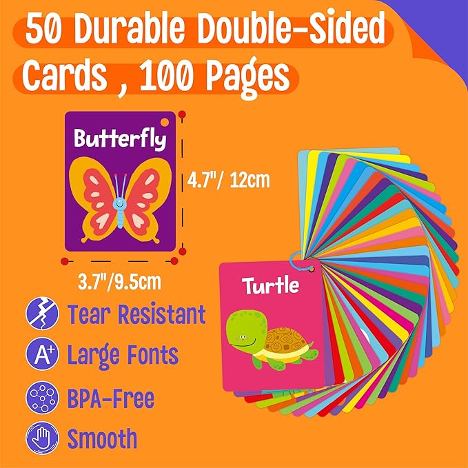 Animal Flashcards, 50 Double-Sided Cards, Wild/Farm/Marine Animal Cards Educational Learning Tools for Preschool and Toddlers Learning (2 Reclosable Rings Attached)