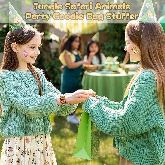 BenLouis 192Pcs Jungle Safari Party Favors Zoo Animals Coloring Books Crayons Sticker Stampers Slap Bracelets Set Bulk Classroom Prizes for Kids Wild One Party Baby Shower Goodie Bags Fillers