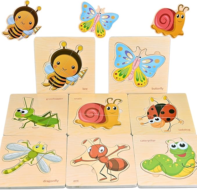 Wooden Puzzles for Toddlers 1-3, 8pcs Shapes, Insect Animal Themed Montessori Toys for 1 Year Old Learning, Educational Preschool Toys for Boys Girls