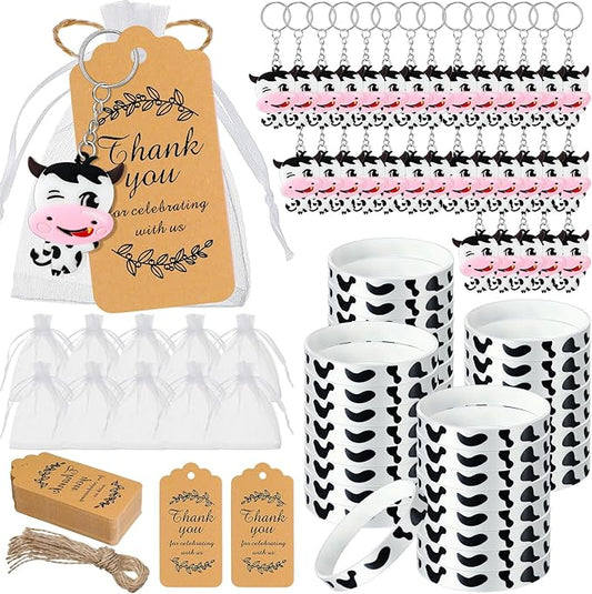 Sasylvia 144 Pcs Cow Party Supplies Include 36 Sets Cow Keychain Thanks Kraft Tags Rubber Bracelets White Organza Bags Cow Party Favors Cow Themed Party Decorations for Baby Shower Girl Boy