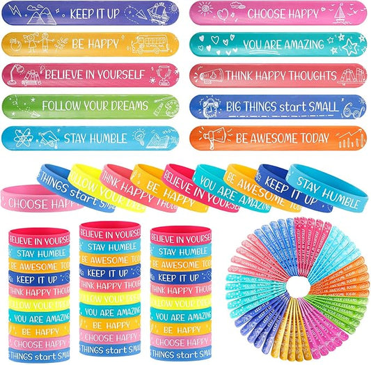 Wettarn 100 Pcs Motivational Bracelets 50 Pcs Silicone Wristbands 50 Pcs Snap Bracelets Bulk Set Inspirational Rubber Bracelet Snap Bracelets for Classroom Birthday Party Favors