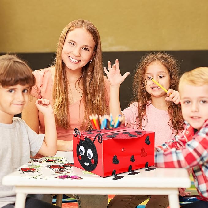 Pasimy DIY Valentines Card Boxes with 30 Insect Greeting Cards DIY Valentine Ladybug Mailbox Craft Kits Valentine's Day Love Bug Party Favor Sets for Kids School Classroom Gifts Exchange