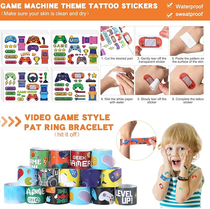 171 Pcs Video Game Party Favors Set Includes Gift Bags Pencils Notebook Sharpener Slap Bracelets Rings Keychains Tattoo Gaming Stickers Stamper Gamer Party Favors for Kids Gamer Birthday