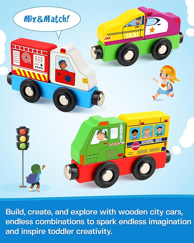 8-Piece Magnetic Wooden Train Set, Customizable City-Themed Vehicles for Kids 3+, Montessori Fine Motor Skills Educational Toy, Build Connect Explore with Endless Combinations