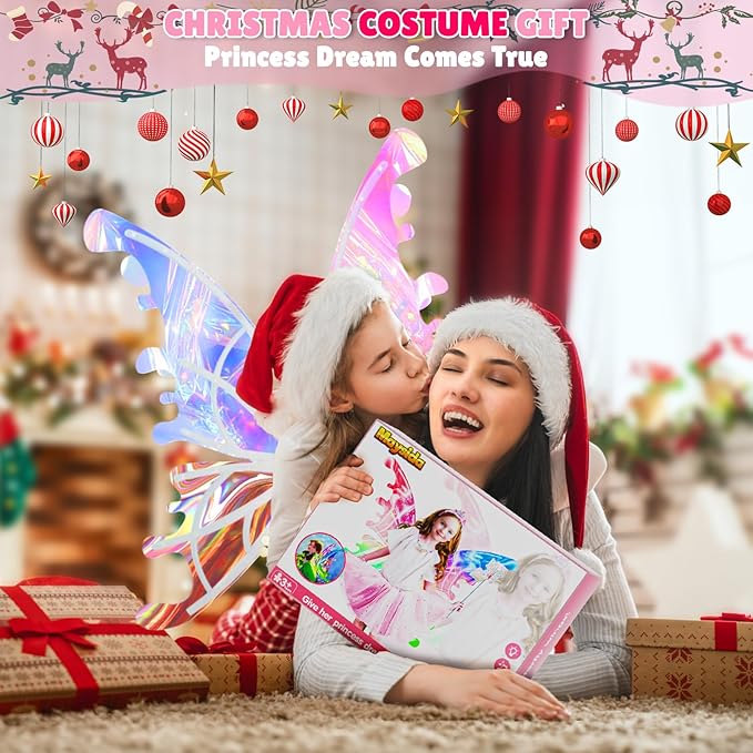 Princess Dress up Costume with Electric Fairy Wings for Girls 3-8, Light Up Moving Butterfly Wings with LED Lights&Music, Christmas Birthday Gift Princess Dresses with Crown/Wand/Bracelets/Necklaces