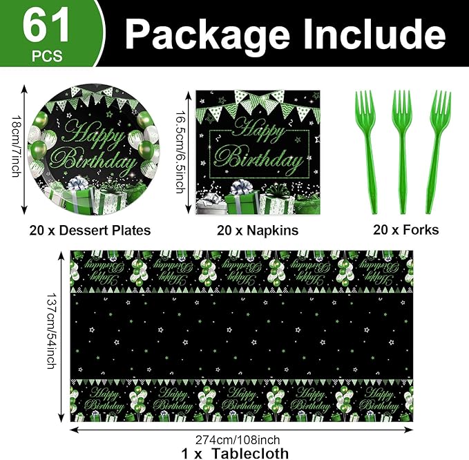 Green Happy Birthday Party Supplies Green Silver Black Party Tableware Includes Confetti Sprinkles Plates Napkins Fork and Green Birthday Tablecloth for Birthday Parties Decorations Set Serve 20