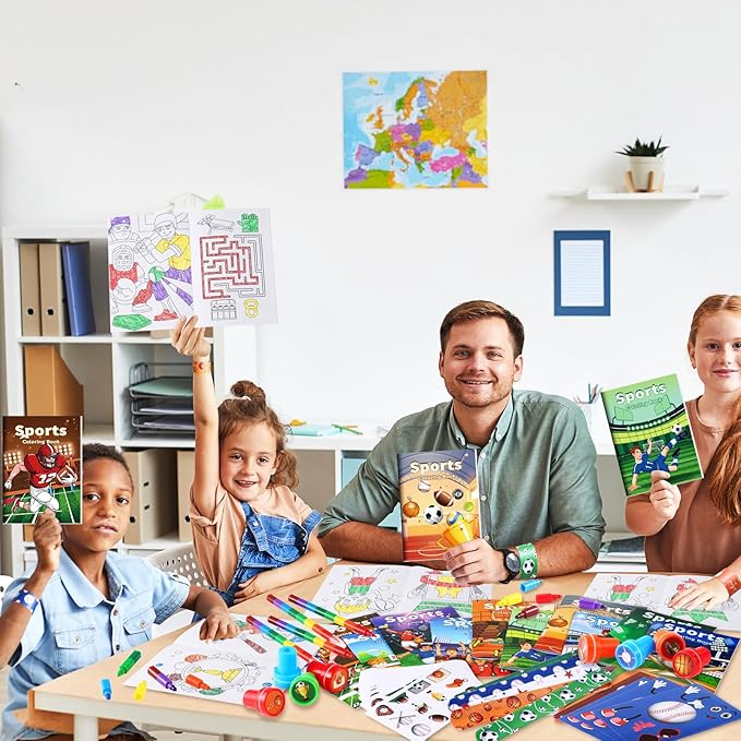 BenLouis 96Pcs Sports Party Favors Football Basketball Soccer Baseball Party Coloring Books Set Bulk for Kids Sports Themed Party Team Gift Goodie Bag Fillers School Classroom games Rewards