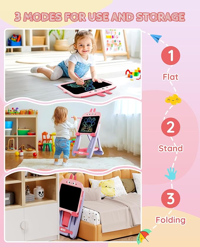TEKFUN LCD Writing Tablet Doodle Board, 13 Inch Pink Adjustable Standing Art Easel for Toddler, Rabbit Erasable Drawing Board for Kids, Educational Toys Birthday Gift for 1-6 Year Old Girls