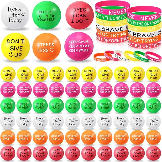 Shappy 144 Pcs Motivational Party Favor Includes 72 Stress Relief Motivational Stress Balls 1.97 Inch Mini Foam Balls 72 Inspirational Silicone Bracelets Quote Silicone Wristbands (Bright Color)