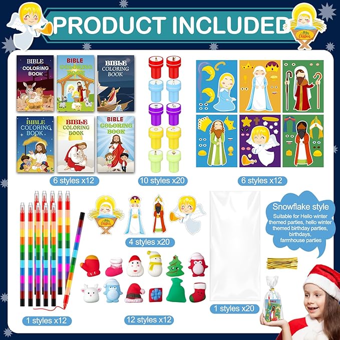 Zhanmai 108 Pcs Christmas Party Favors Bible Coloring Book with Stacking Crayons for Kids Squishes Christmas Toys DIY Sticker Stampers Goodie Bag Fillers Supplies School Educational Reward Prizes