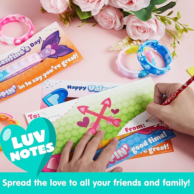 JOYIN 28 Packs Valentine's Day Cards with Pop Fidget Bracelet Pop Bubble Fidget Toy Bracelet Wristband Stress Relief Finger Press Toy for Kids Valentine's Classroom Exchange Prizes Party Favors