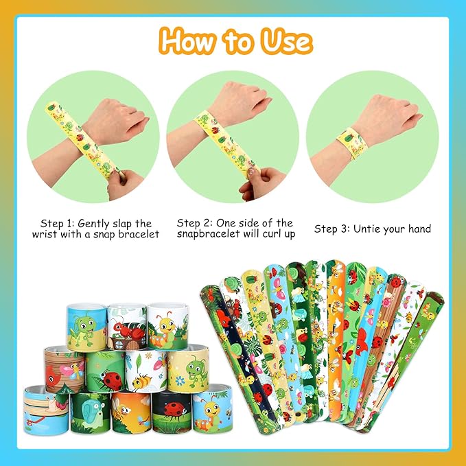 Serencatcher 48Pcs Bug Slap Bracelets, Bug Insect Party Favors Wristbands Bracelets with Ladybug Caterpillar Butterflies Snails Snap for Wild Insect Animal Birthday Party Decorations