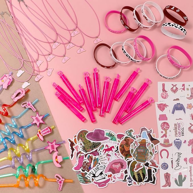 110Pcs Cowgirl Party Favors Hot Pink Princess Birthday Supplies for Girls, Cowgirl Straws Necklace Bubble Wands Silicone Bracelet Western Tattoo Stickers Rodeo Hot Pink Horse Party Favors