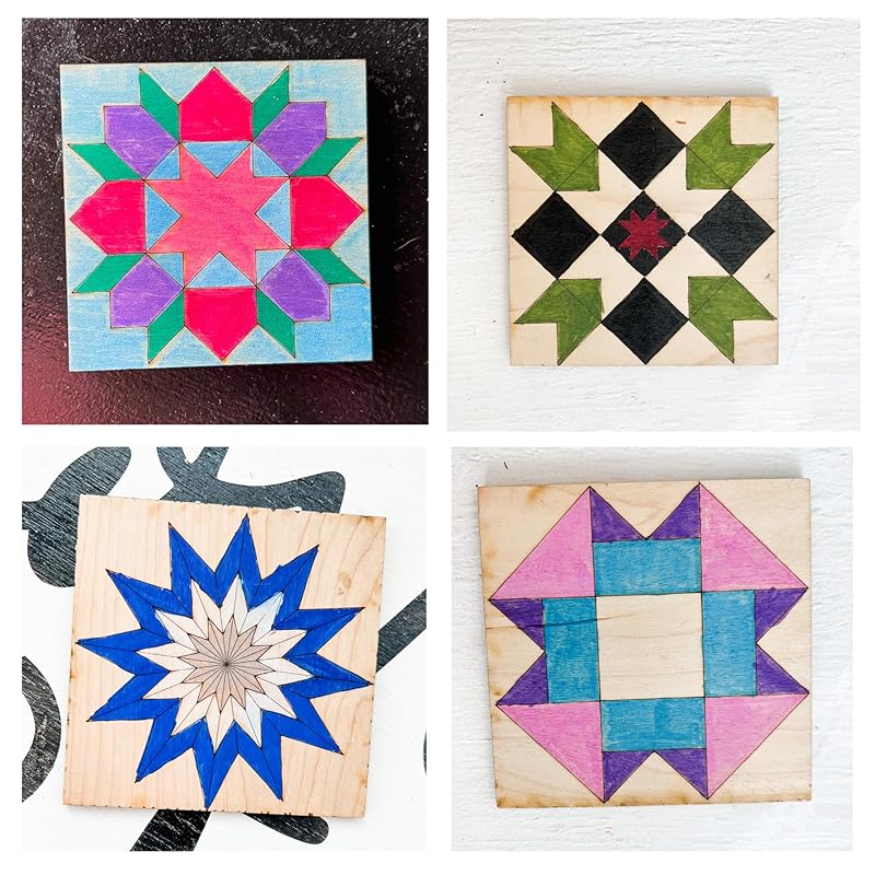 Set of Four 9 Inch Barn Quilt Kit DIY Pattern Unfinished Wood Quilting Block Sign Paintable Crafts for Women (Starburst, Aesthetic Triangles, Cottage Chic Star, Swoon) AVTRBoutique