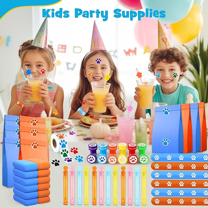 Dog Paw Print Party Favors Set 73PCS Dog Paw Print Party Supplies include Paw Print Drinking Straw, Footprint Stamper, Air Dry Clay ,Slap Bracelet , Footprint Sticker Roll, Gift Bag for Kids
