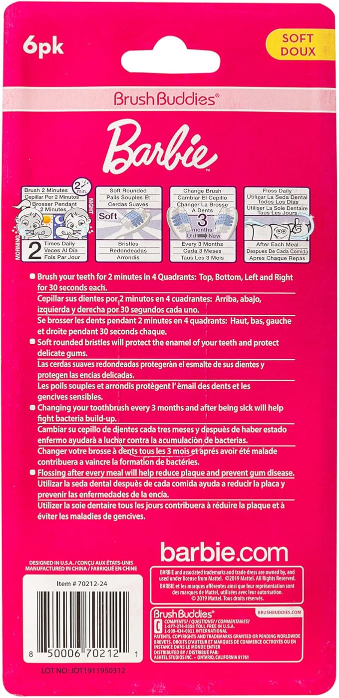 Brush Buddies 6 Pack Barbie Toothbrushes for Kids, Children's Toothbrushes, Soft Bristle Toothbrushes for Kids