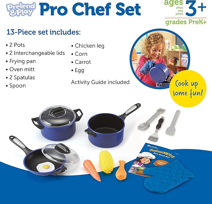 Learning Resources Pretend & Play Pro Chef Set, Kitchen Toys for Kids, Pretend Kitchen, Pots and Pans for Kids, 13 Pieces, Ages 3+
