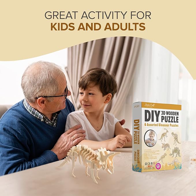 Hands Craft DIY 3D Wooden Puzzle – 6 Assorted Dinosaur Bundle Pack Set Brain Teaser Puzzles Educational STEM Toy Adults and Kids to Build Safe and Non-Toxic Easy Punch Out Premium Wood JP2B1