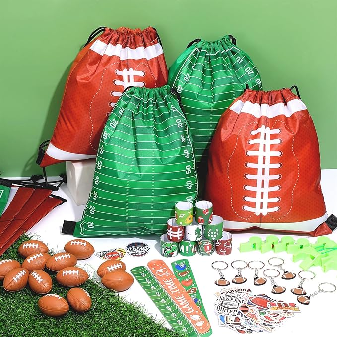 110 Pcs Football Party Favors for Kids 12 Sets Football Party Supplies Drawstring Bag Backpack with Keychains Mini Football Stress Balls Goodie Bag Stickers Toy Presents Gift Set Slaps Bracelets