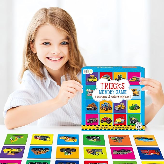 Hebayy Truck Matching Game, 72 PCS Traffic Memory Matching Cards for Toddlers 36 Pairs Transportation Memory Cards Educational Toys for Preschool Boys & Girls 4 5 6 Years Old