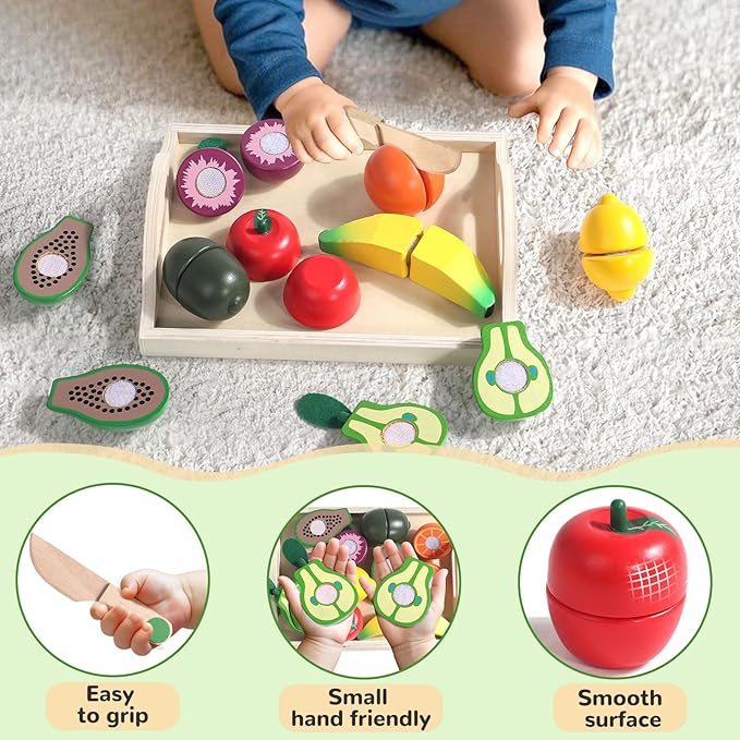Fajiabao Wooden Play Food Set for Kids Kitchen Montessori Toddlers Toys 1-3 Pretend Cutting Fruit Educational Easter Birthday Gifts for Girls Boys 2 3 4 Year Old