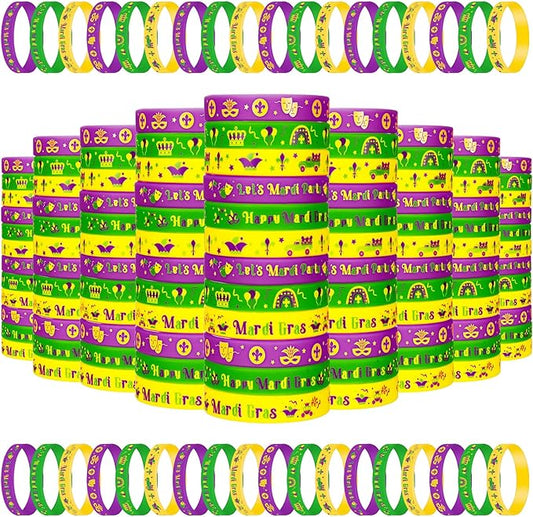 Wettarn 100 Pcs Mardi Gras Silicone Bracelets Mardi Gras Rubber Bracelets Mardi Gras Carnival Bracelet Set Mardi Gras Party Favors for Goodie Bag Favor Stuffers Birthday Party Favors Supplies