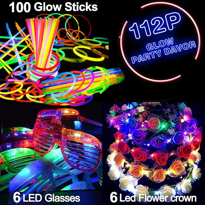 112 Pcs New Years Eve Glow in The Dark Party Supplies 2025, Glow Sticks Bulk LED Neon Party Favor Light Up Toys Gifts Kids Adult 100 Glow Sticks Necklaces Bracelets/6 Light Up Glasses/6 Led Headbands