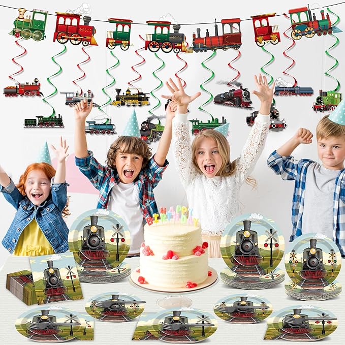 party greeting 109Pcs Train Birthday Party Supplies Includes Steam Train Party Plates Napkins Fork Retro Train Banner Hanging Ceiling Swirls for Train Transportation Baby Shower Party Decorations Set