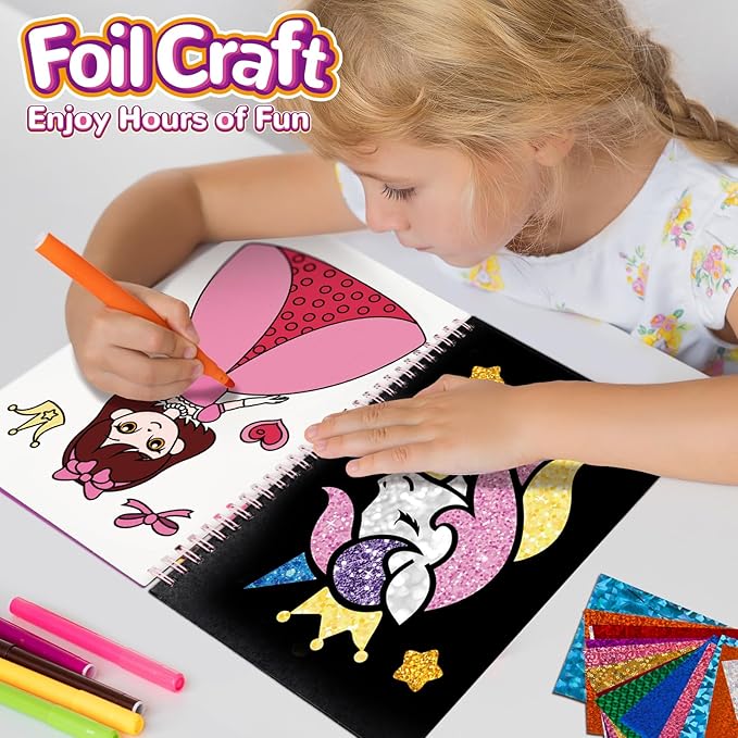 Syahro Art Craft Activity for Kids: Foil Funny Princess, Unicorn and Mermaid Carefree Creative Travel Set, Idea for 3 4 5 6 7 8 9 Year Old Girls,Art Travel Toy Suitable for Girls