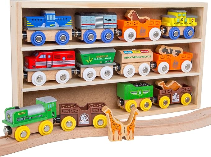 Orbrium Toys 12 (18 Pcs) Wooden Engines & Train Cars Collection with Animals, Farm Safari Zoo Wooden Animal Train Cars, Circus Wooden Train Compatible with Thomas, Brio, Chuggington