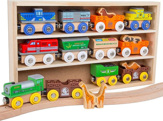 Orbrium Toys 12 (18 Pcs) Wooden Engines & Train Cars Collection with Animals, Farm Safari Zoo Wooden Animal Train Cars, Circus Wooden Train Compatible with Thomas, Brio, Chuggington
