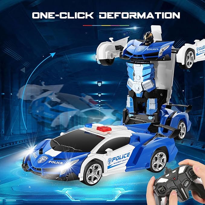 FIGROL Remote Control Car|Transformable Robot RC Car|2.4Ghz 1:18 Scale Model Police Car with One Button Deformation|360 Degree Rotation Drifting for Children