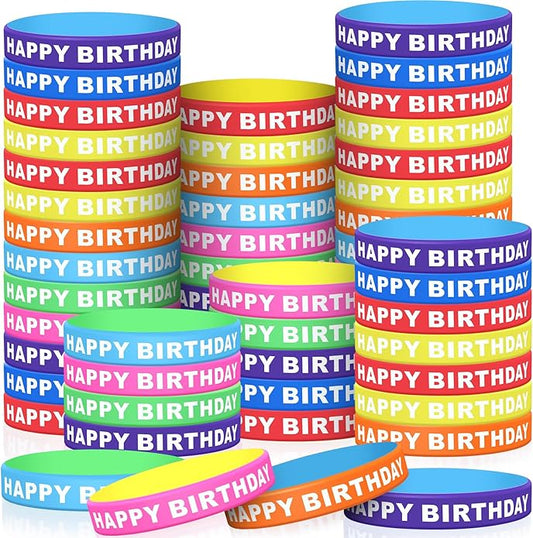 Tondiamo 200 Pcs Happy Birthday Rubber Bracelets Bulk Silicone Bracelets for Kids Birthday Wristbands Stretch Wristbands for Classroom Kids Teacher Birthday Party Favors, 8 Styles (Vivid Color)