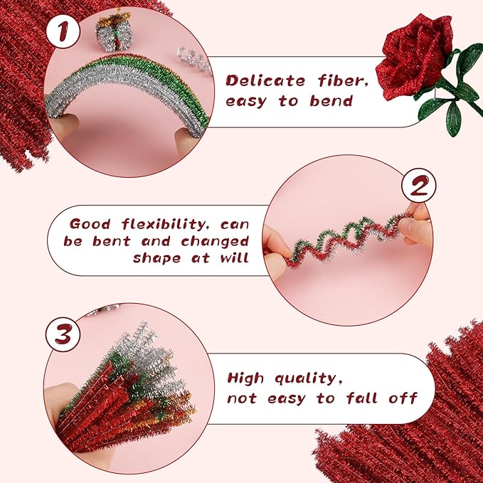 100Pcs Pipe Cleaners Craft, Glitter Pipe Cleaners Crafting Creative DIY Hand Craft Supplies for Festivals Decorations, Pipe Cleaners in Glitter Red