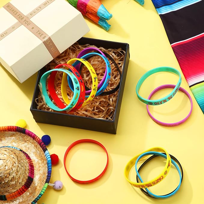 Xinnun 24 Pcs Mexican Fiesta Rubber Bracelets Fiesta Party Silicone Wristbands Mexican Party Favors with Taco Cactus Piñata Pattern for Let's Fiesta Cinco De Mayo Party(Cinco De Mayo)