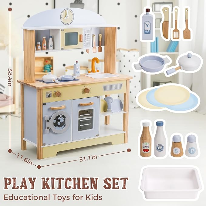 Kitchen Playset for Kids Ages 3-8, Wooden Pretend Play Kitchen with Cooking Accessories, Dimensions: 38” H x 31” W x 12” D
