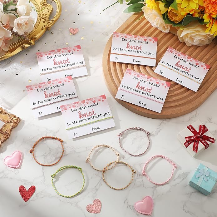 Riceshoot Valentine Gifts for Kids Classroom Neon Bracelets Rope Bracelets Valentine’s Day Gift Cards Our Class Will Knot Be The Same Without You Cards for Kids Classroom Exchange