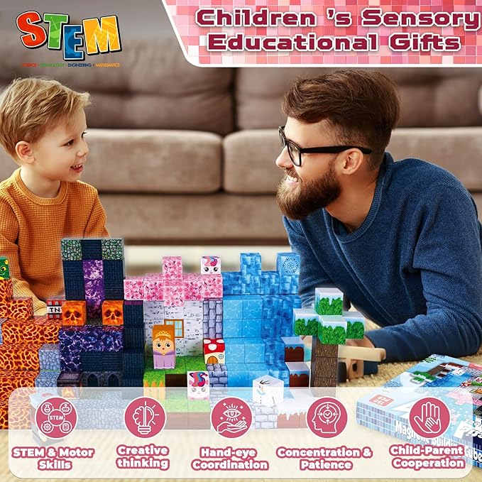 Magnetic Blocks-150PCS Magnetic Building Blocks Magnetic Cubes Stacking Dark Forest Glacier Castle, STEM Montessori Sensory Toys for Kids Boys Girls Ages 4-8 Holiday Birthday Easter Gifts