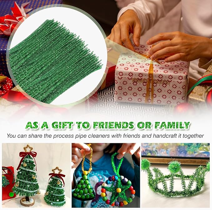 TOAOB 100pcs Christmas Glitter Pipe Cleaners Green Metallic Pipe Cleaners Craft Supplies 6mm x 12 Inch Chenille Stems Pipe Cleaners for Art DIY Crafts Decorations