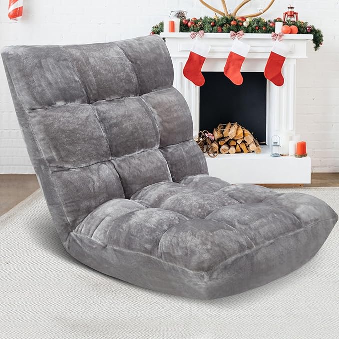Folding Floor Chair 14-Position Cushioned Adjustable Floor Lazy Sofa Chair w/Breathable Cotton & Skin-Friendly Flannel for Adults & Kids Ideal for Reading Meditating, Grey
