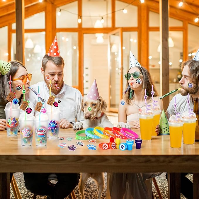 Gejoy 178 Pcs Dog Paw Party Favors Set Includes Paw Straws Cups Silicone Bracelet Keychain Stamper Sticker Pendant Chain Thank You Tag for Boy Girl Dog Theme Party Supplies(Paw)