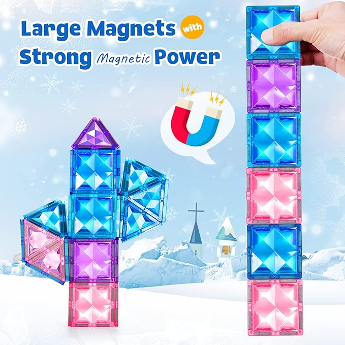 102pcs Frozen Castle Magnetic Tiles - 3D Diamond Building Blocks, STEM Educational Kids Toys for Pretend Play, 3 4 5 6 7 8 Year Old Girl Birthday Gifts for Your Princess and Prince